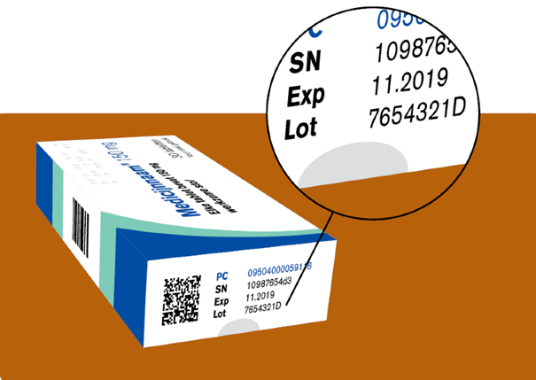 Medicatieverpakking op een bruine ondergrond, met zichtbare labelinformatie waaronder productcode, serienummer, vervaldatum en lotnummer.